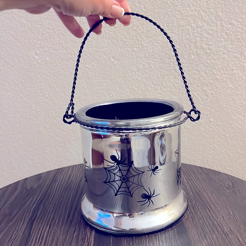 Unique Metallic Silver & Black Spider Web Hanging Candle Large Holder Halloween